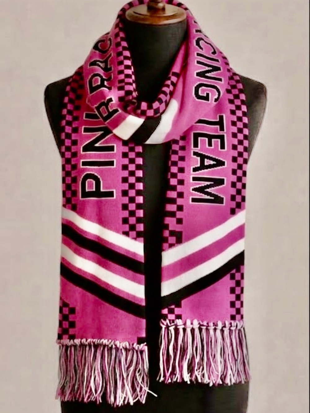 NWT Cap America Pink Racing Team Knit Fan Scarf Checkered Fringe